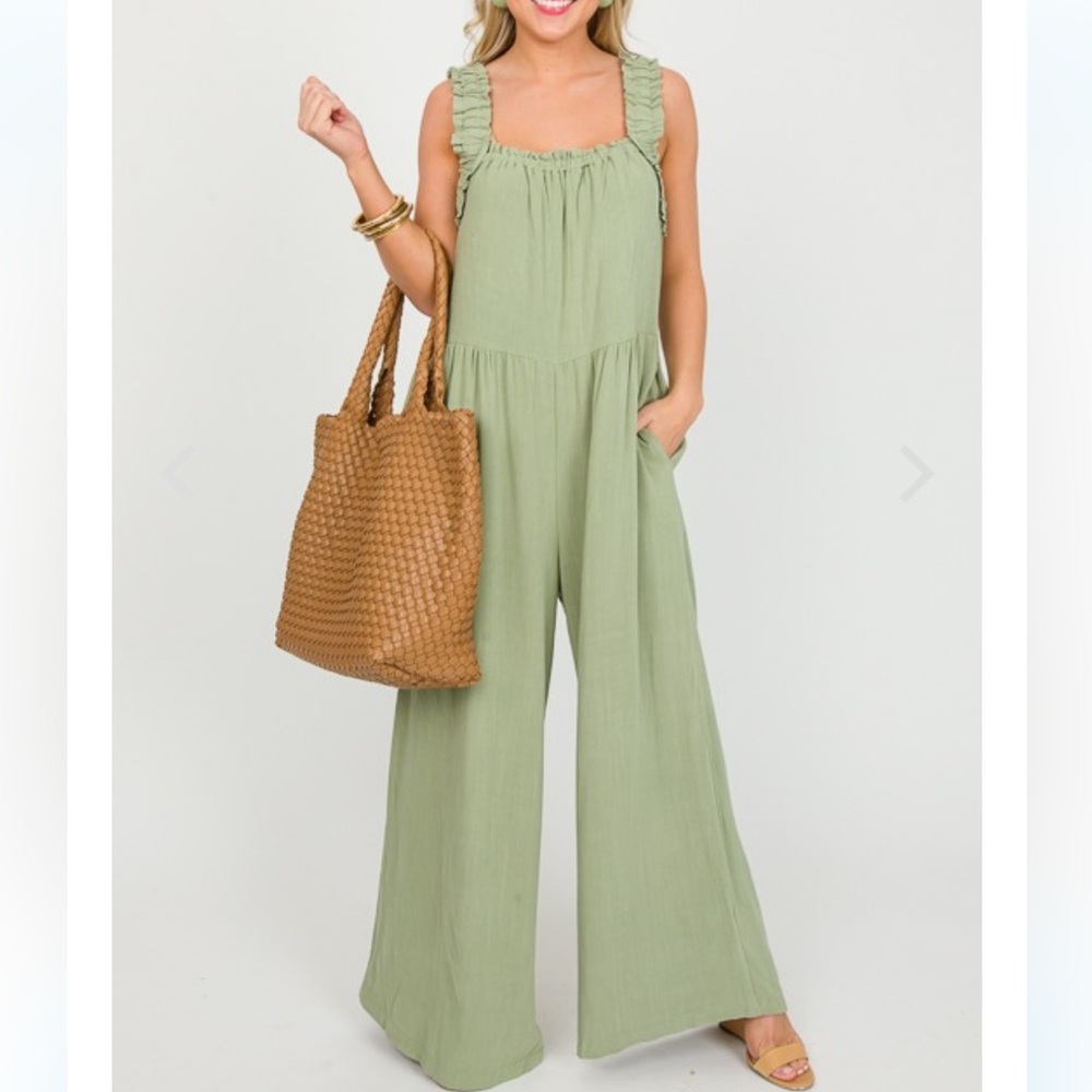 18 Solid Ruffle Strap Wide Leg Jumpsuit - Picture 2 of 9